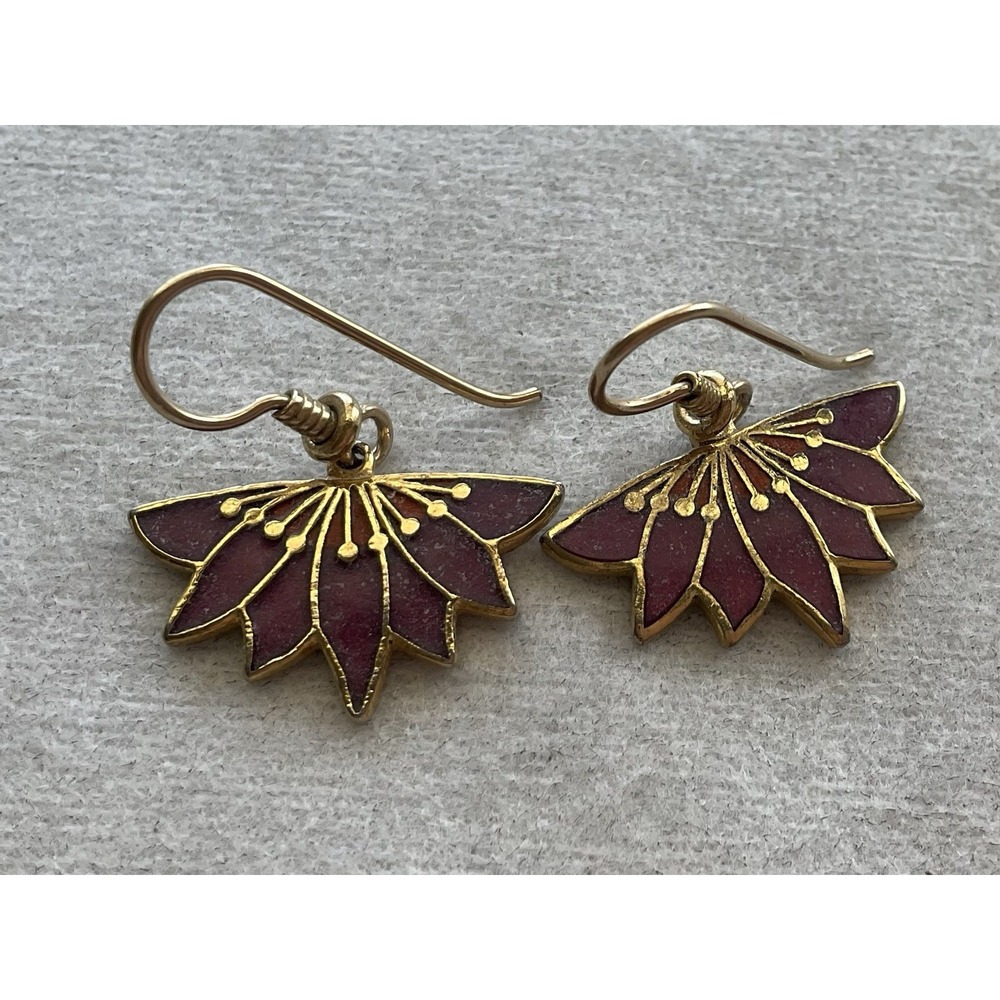 Laurel Burch Lotus Earrings Red Purple Enamel  Dangle Vintage Estate Jewelry